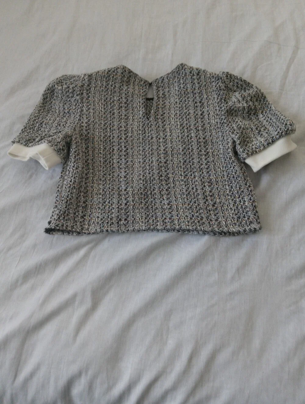 Zara Multicolor Bouclé Puff-Sleeve Top with Pearl Buttons
